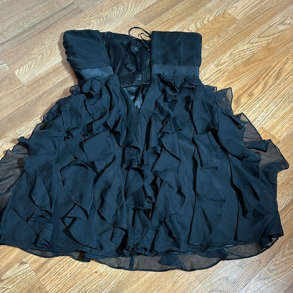 White House Black Market, strapless solid black ruffle midi dress. Size 0. - Picture 4 of 17